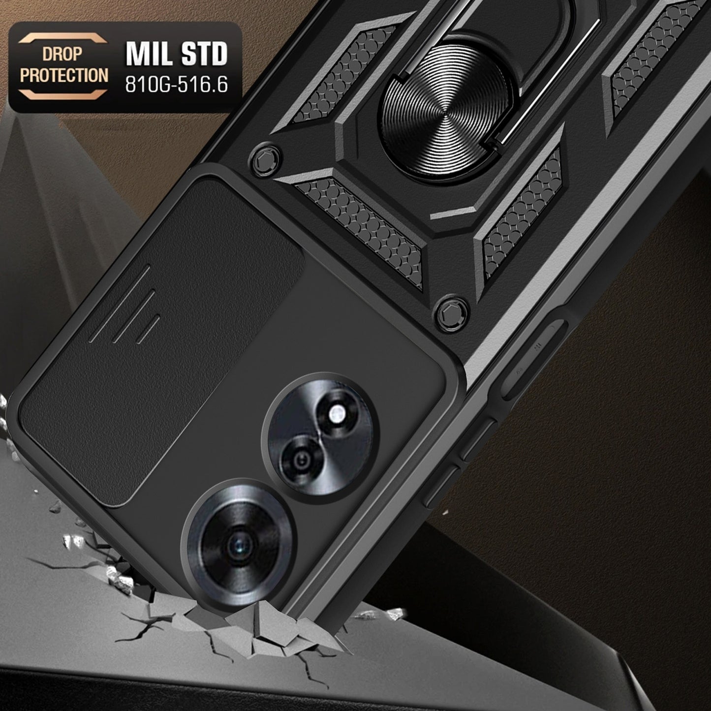 OPPO A60 4G Sliding Camera Cover Magnetic Ring Stand Shockproof TPU + PC Protective Phone Case