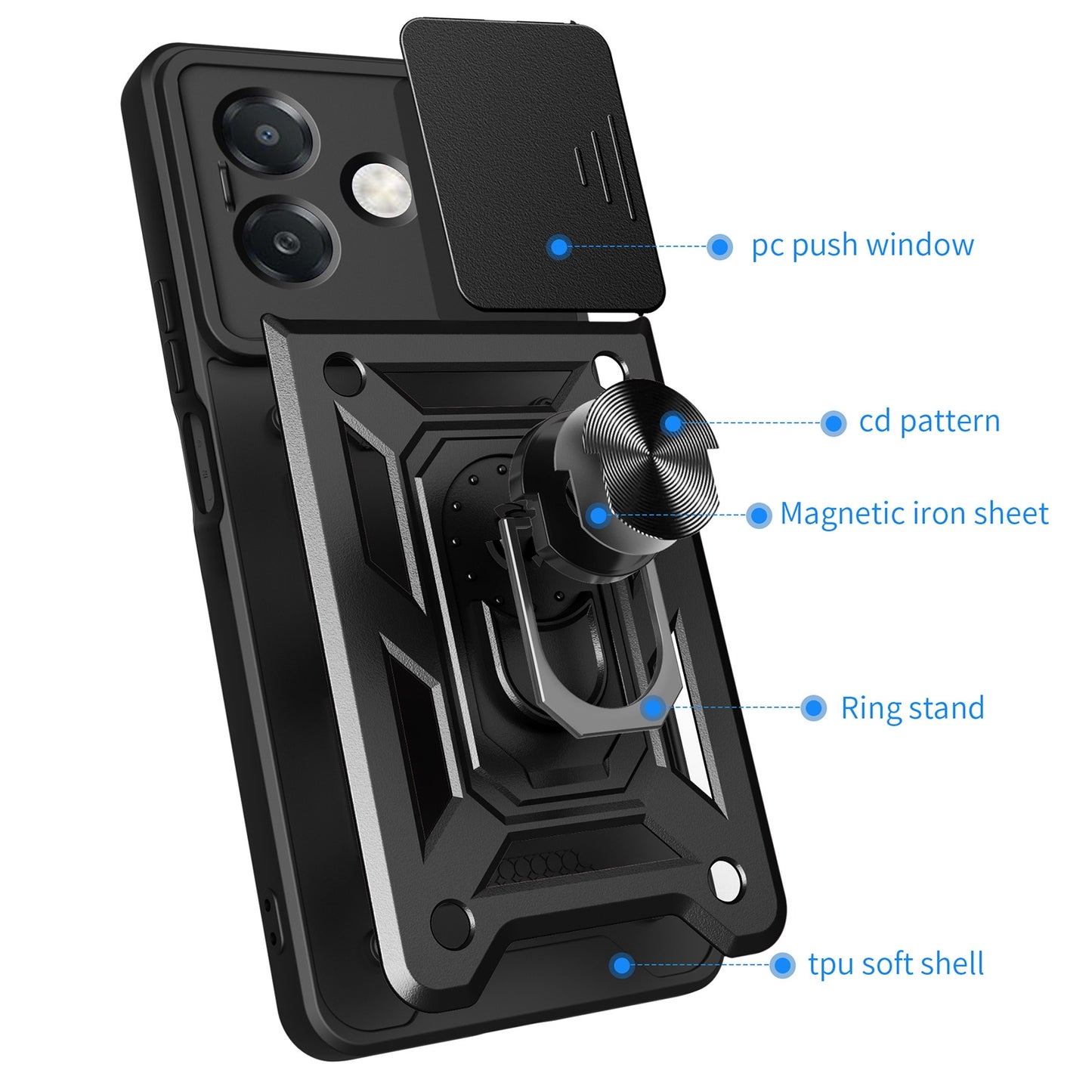 OPPO A3x 4G Sliding Camera Cover Magnetic Ring Stand Shockproof TPU + PC Protective Phone Case