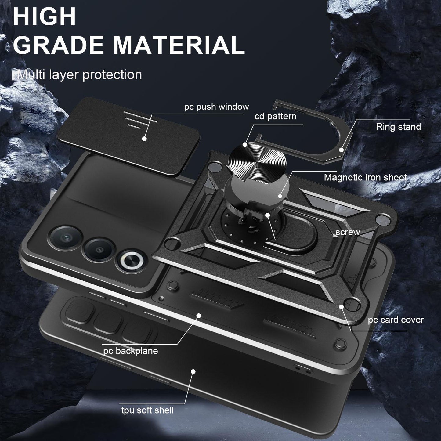 OPPO A3 Pro 5G Sliding Camera Cover Magnetic Ring Stand Shockproof TPU + PC Protective Phone Case