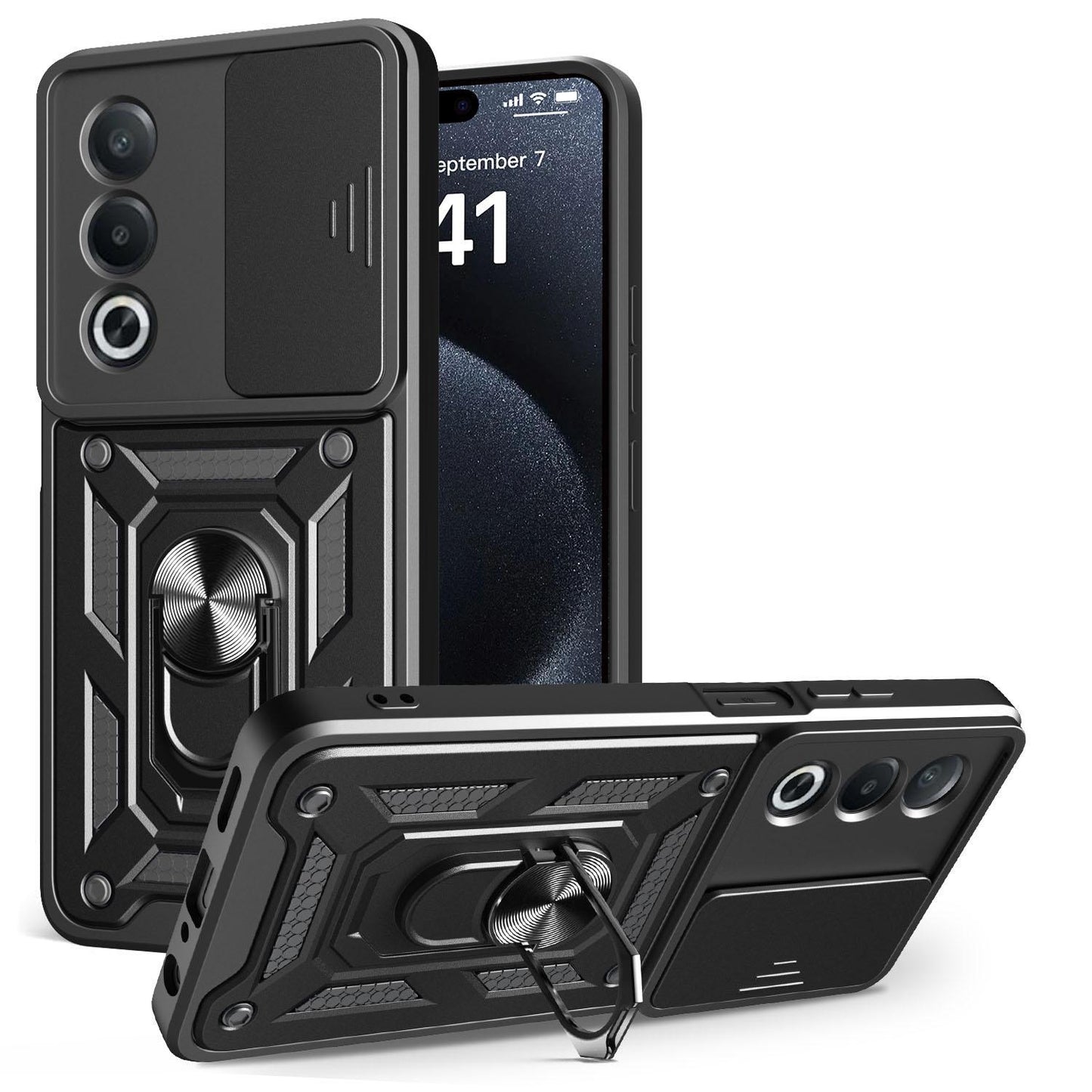 OPPO A80 5G Sliding Camera Cover Magnetic Ring Stand Shockproof TPU + PC Protective Phone Case