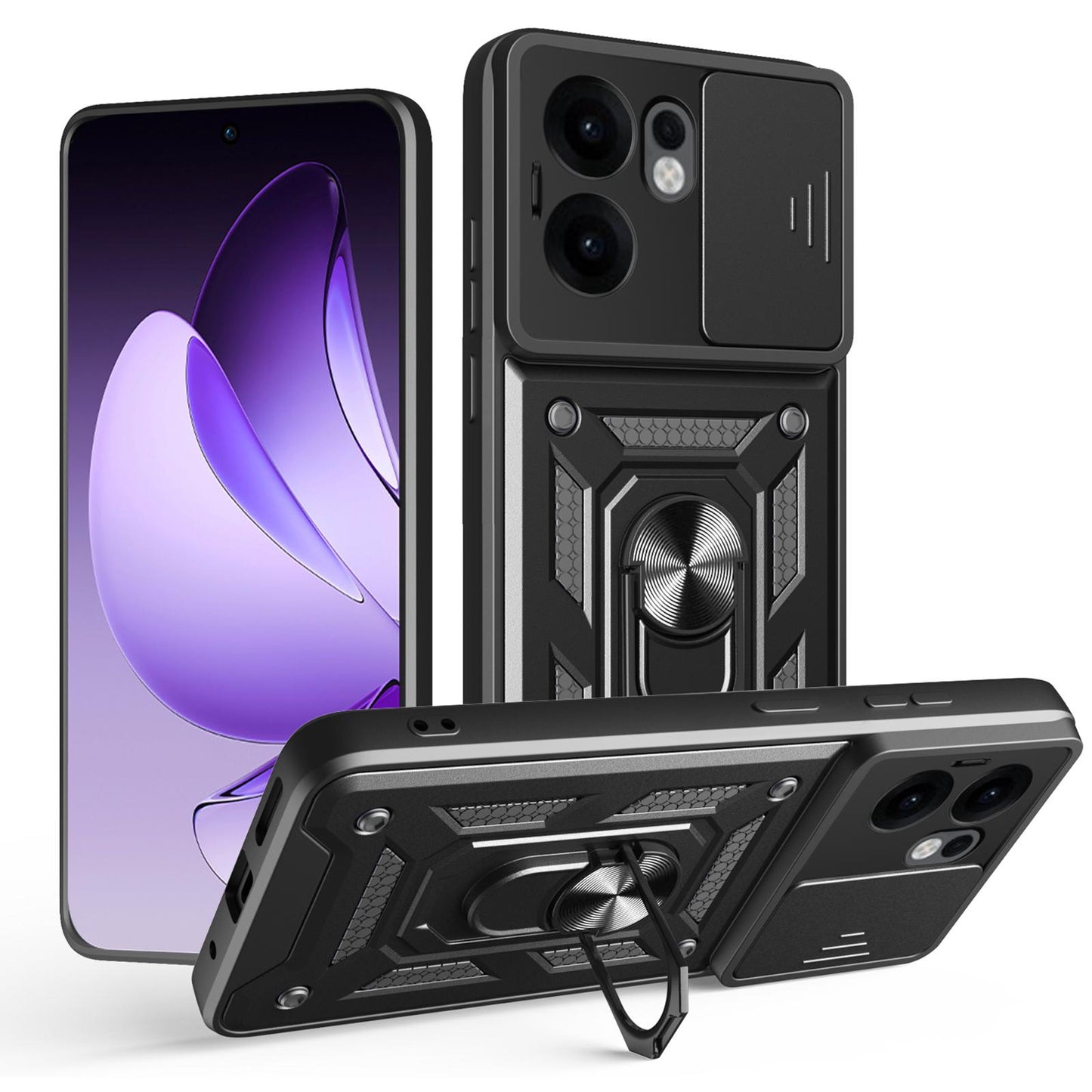 OPPO Reno13 F 5G Sliding Camera Cover Magnetic Ring Stand Shockproof TPU + PC Protective Phone Case