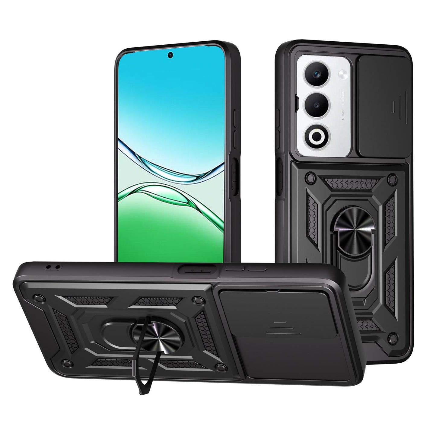 OPPO A5 5G Sliding Camera Cover Magnetic Ring Stand Shockproof TPU + PC Protective Phone Case
