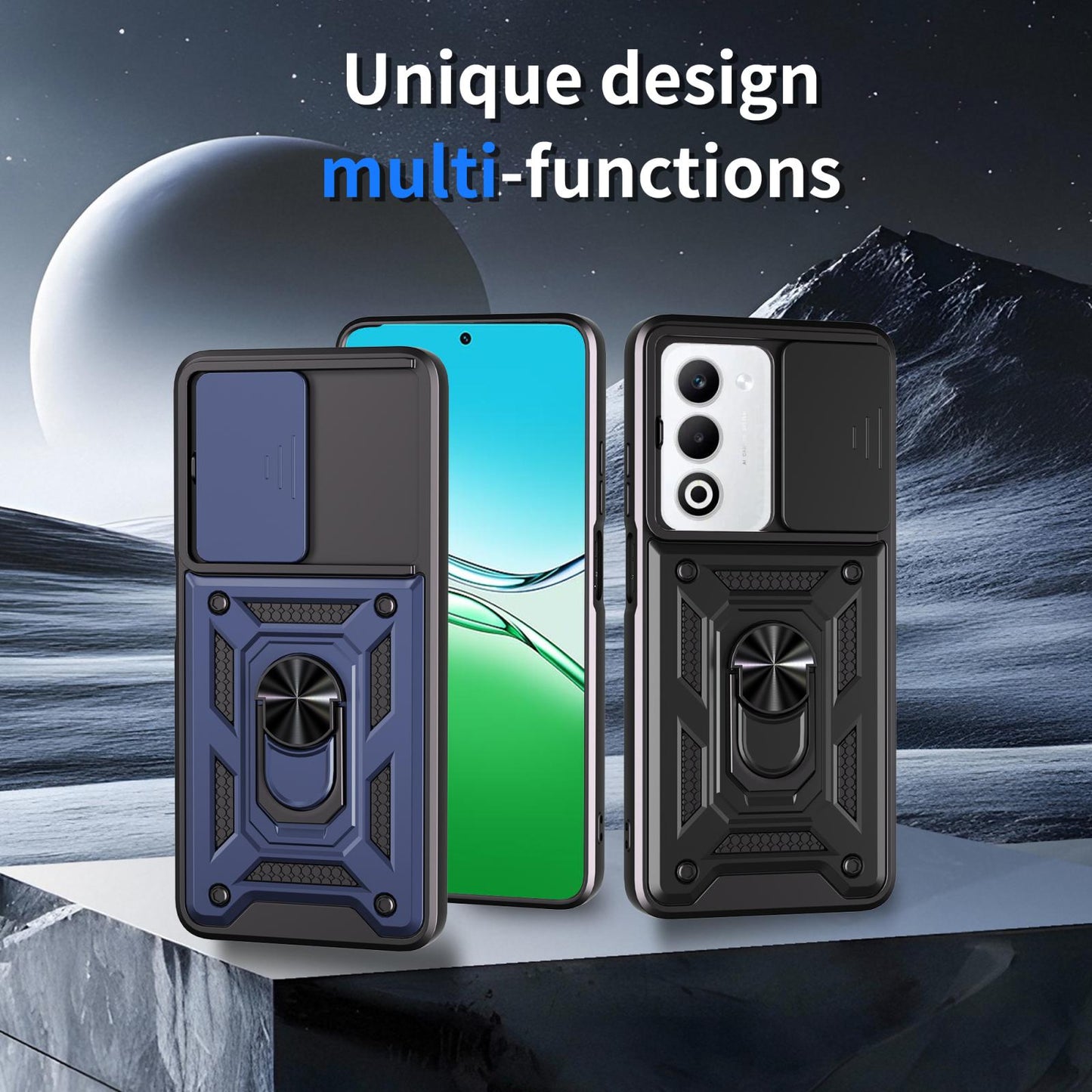 OPPO A5 5G Sliding Camera Cover Magnetic Ring Stand Shockproof TPU + PC Protective Phone Case