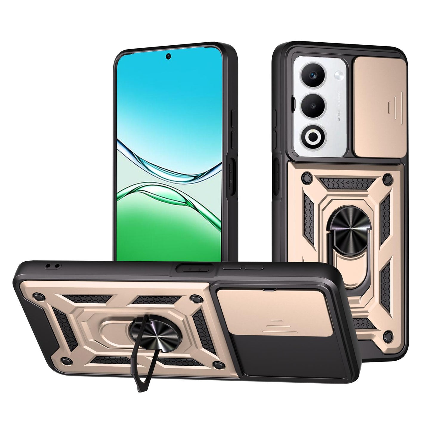 OPPO A5 5G Sliding Camera Cover Magnetic Ring Stand Shockproof TPU + PC Protective Phone Case