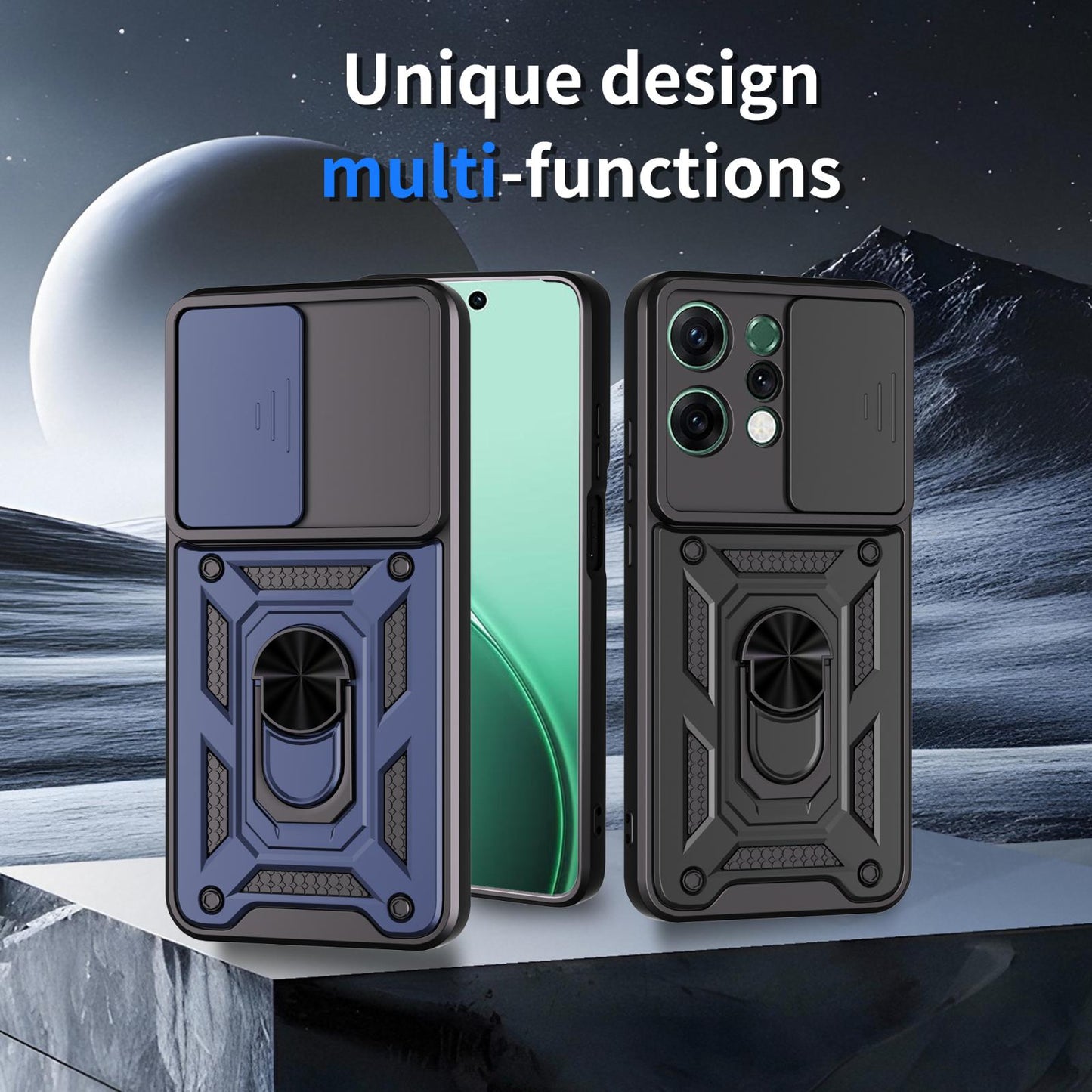 OPPO Reno14 5G Sliding Camera Cover Magnetic Ring Stand Shockproof TPU + PC Protective Phone Case