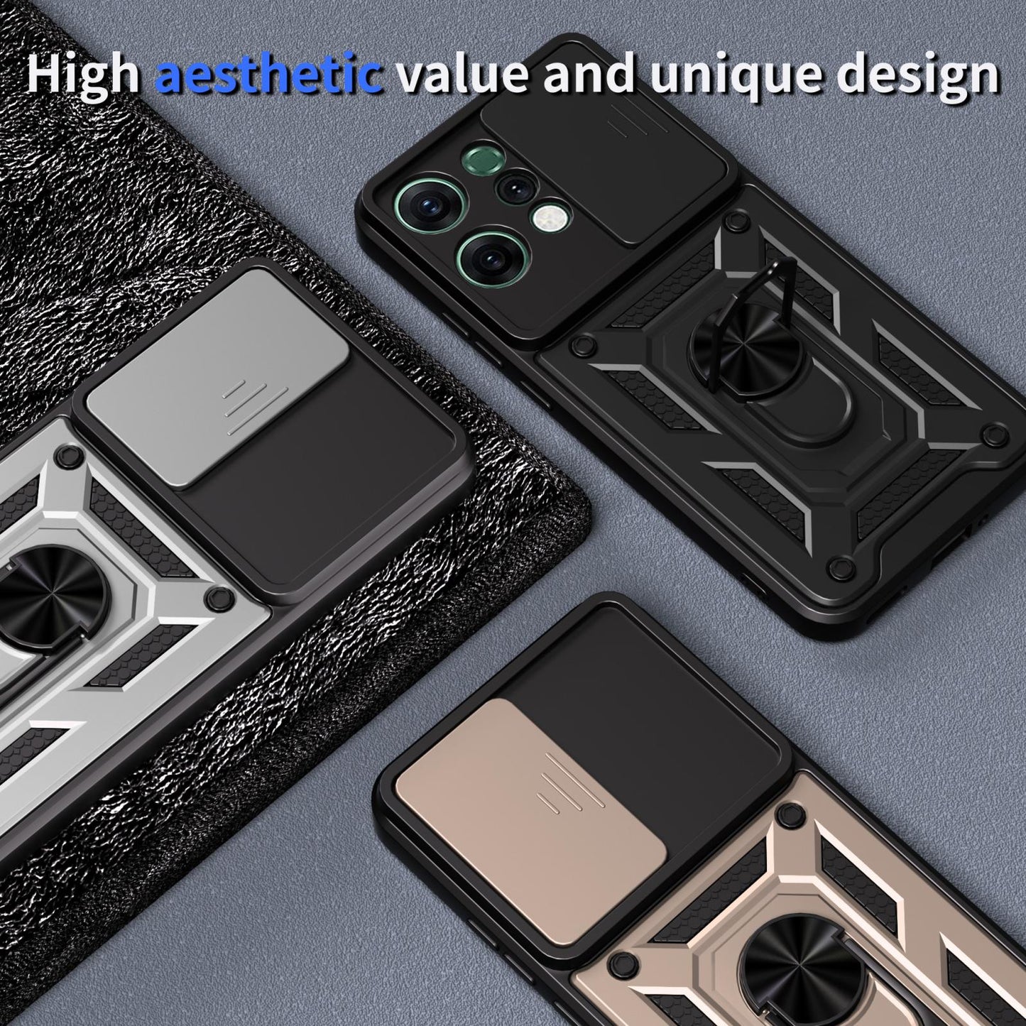 OPPO Reno14 5G Sliding Camera Cover Magnetic Ring Stand Shockproof TPU + PC Protective Phone Case