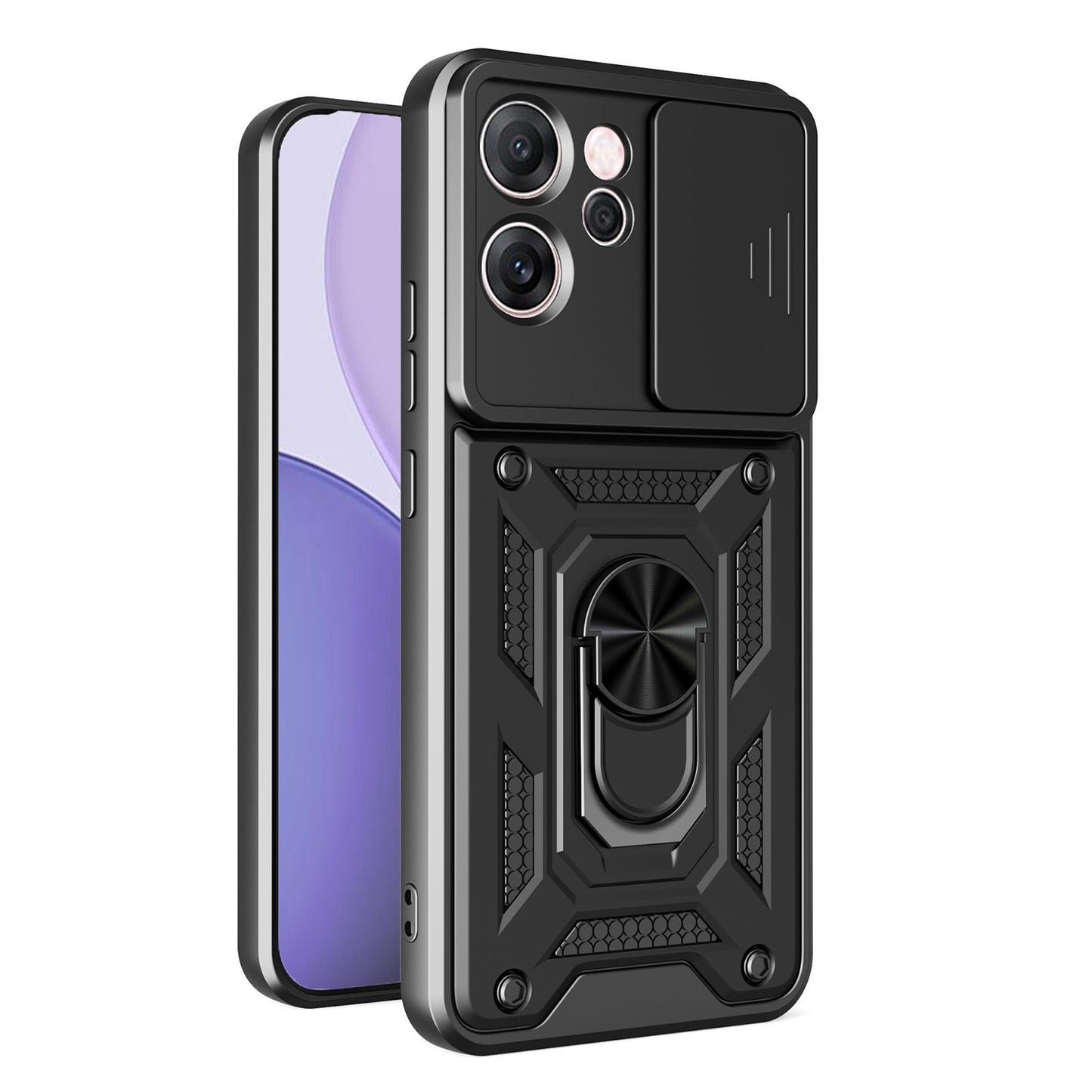 OPPO Reno14 F 5G Sliding Camera Cover Magnetic Ring Stand Shockproof TPU + PC Protective Phone Case