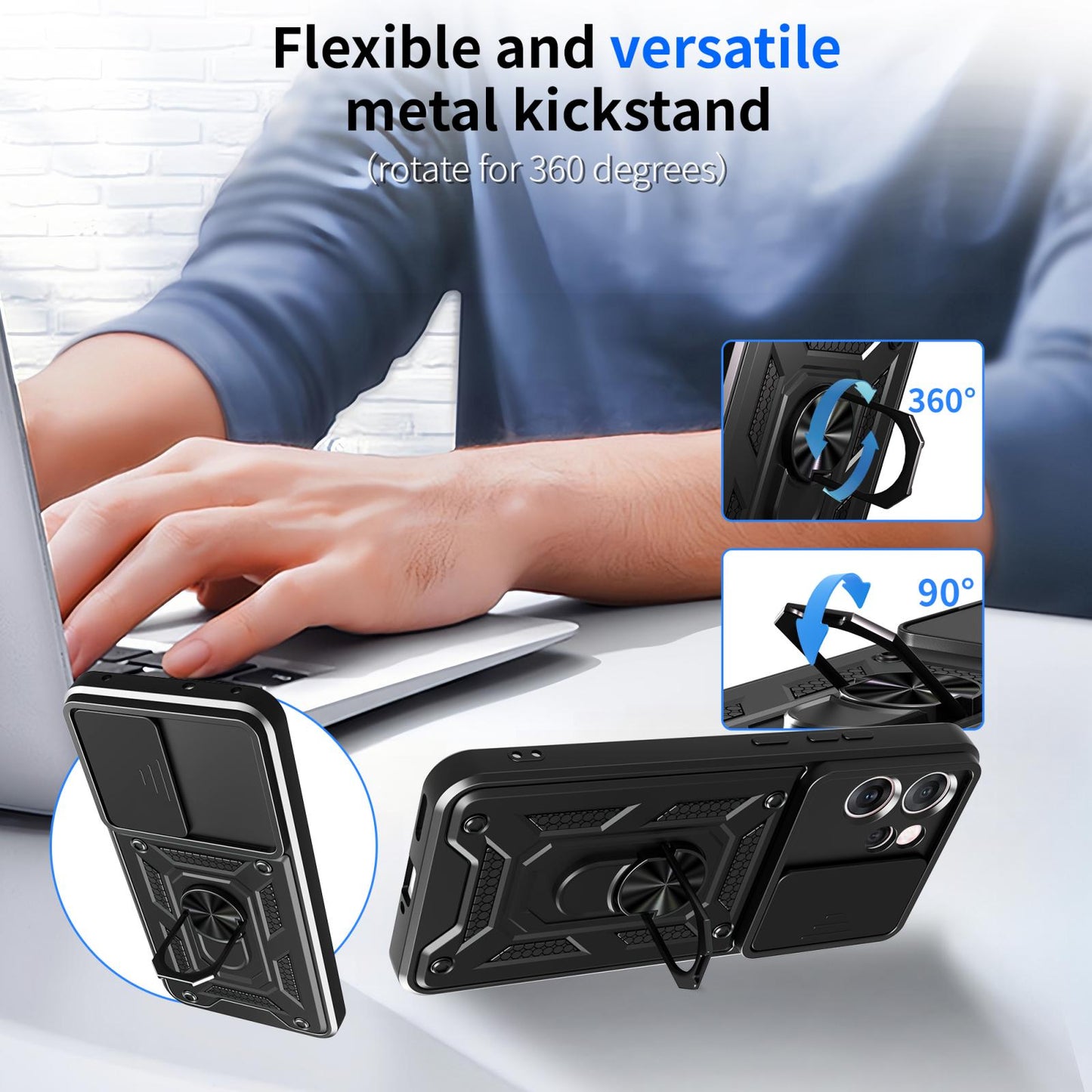OPPO Reno14 F 5G Sliding Camera Cover Magnetic Ring Stand Shockproof TPU + PC Protective Phone Case