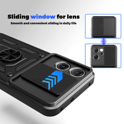 OPPO Reno14 F 5G Sliding Camera Cover Magnetic Ring Stand Shockproof TPU + PC Protective Phone Case