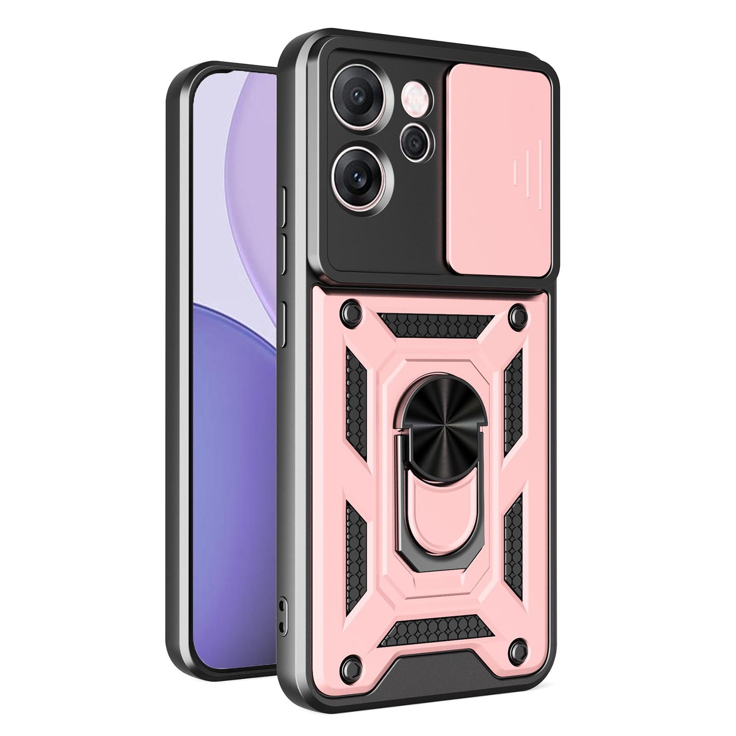 OPPO Reno14 F 5G Sliding Camera Cover Magnetic Ring Stand Shockproof TPU + PC Protective Phone Case