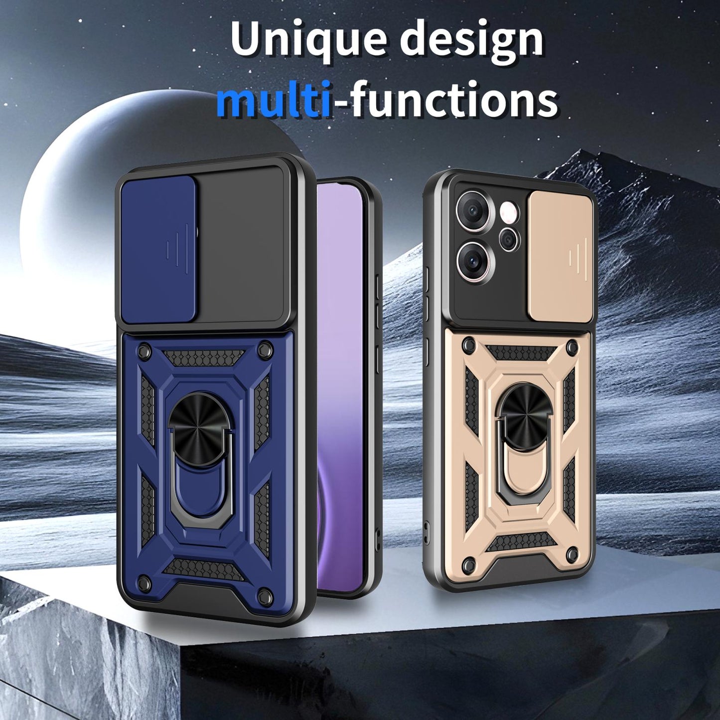 OPPO Reno14 F 5G Sliding Camera Cover Magnetic Ring Stand Shockproof TPU + PC Protective Phone Case