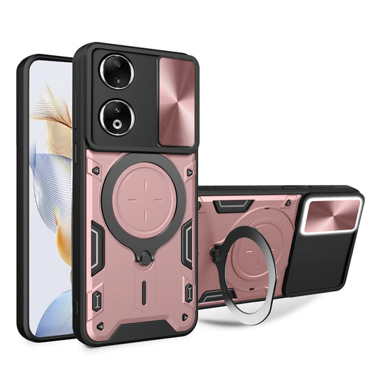 Honor 90 5G Magnetic Holder CD Texture Sliding Camshield Phone Case, TPU PC Shockproof Cover
