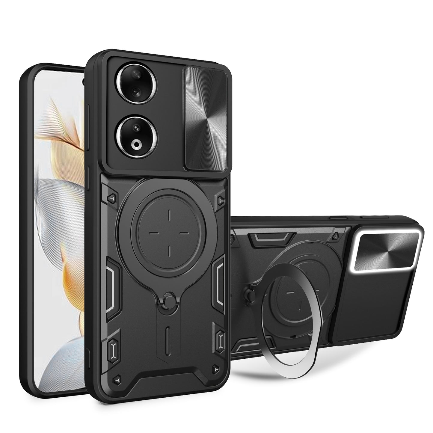 Honor 90 5G Magnetic Holder CD Texture Sliding Camshield Phone Case, TPU PC Shockproof Cover