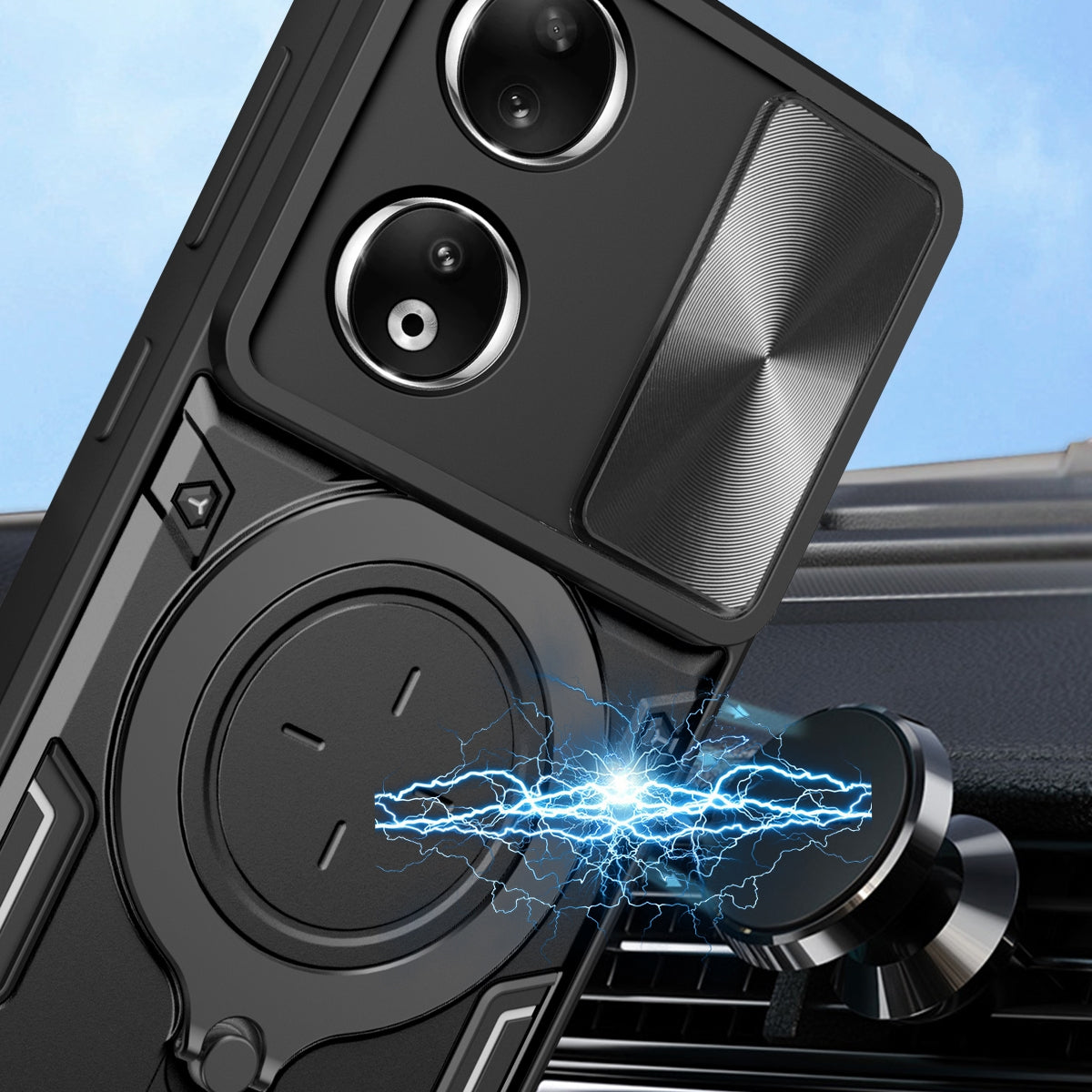 Honor 90 5G Magnetic Holder CD Texture Sliding Camshield Phone Case, TPU PC Shockproof Cover
