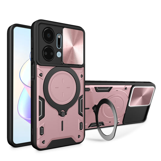 Honor X7a 4G Magnetic Holder CD Texture Sliding Camshield Phone Case, TPU PC Shockproof Cover