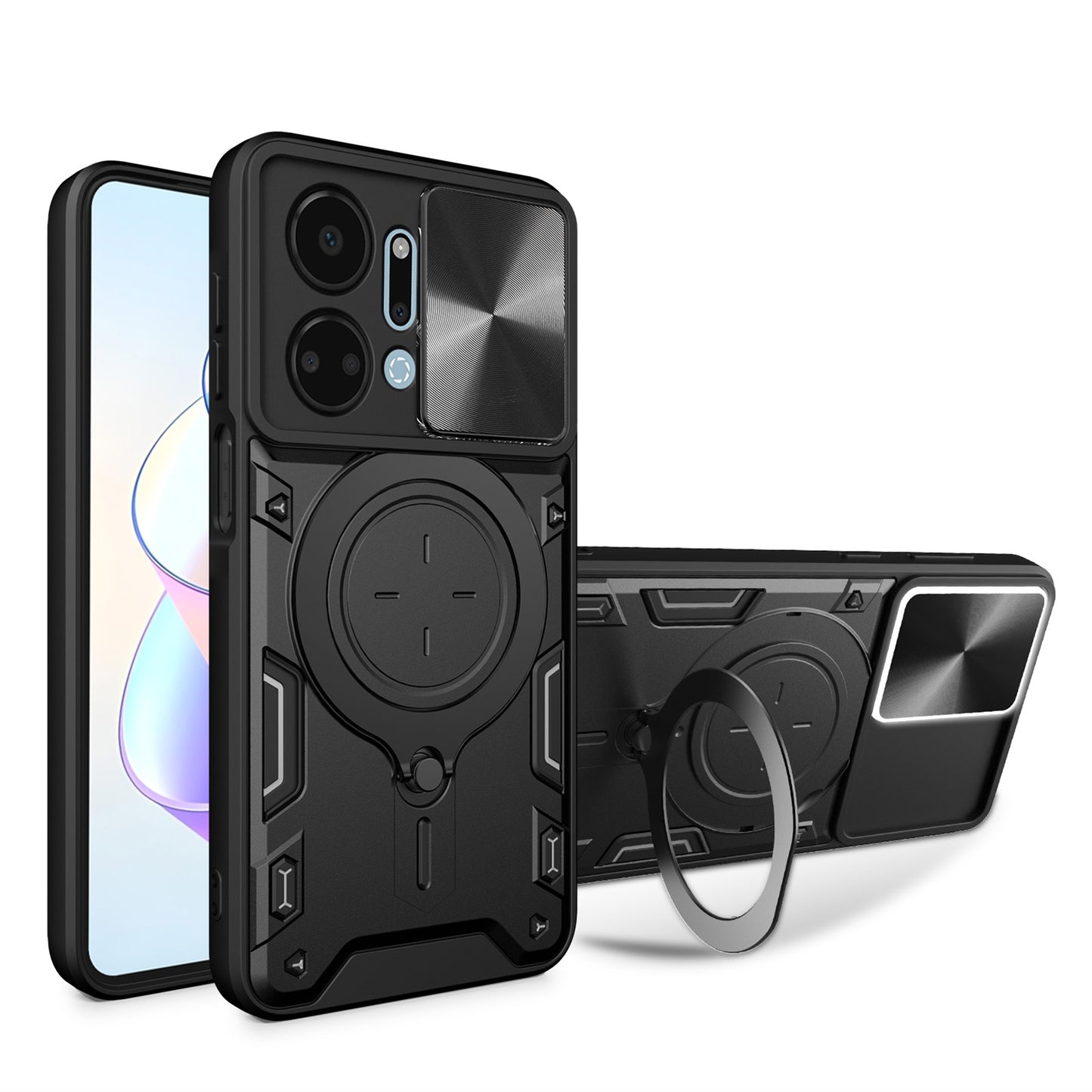 Honor X7a 4G Magnetic Holder CD Texture Sliding Camshield Phone Case, TPU PC Shockproof Cover