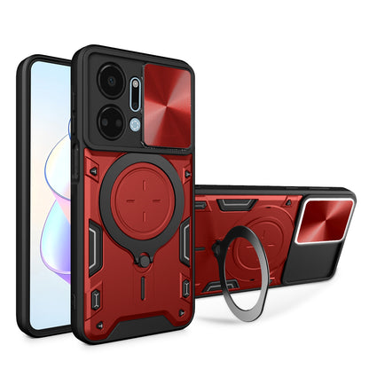 Honor X7a 4G Magnetic Holder CD Texture Sliding Camshield Phone Case, TPU PC Shockproof Cover