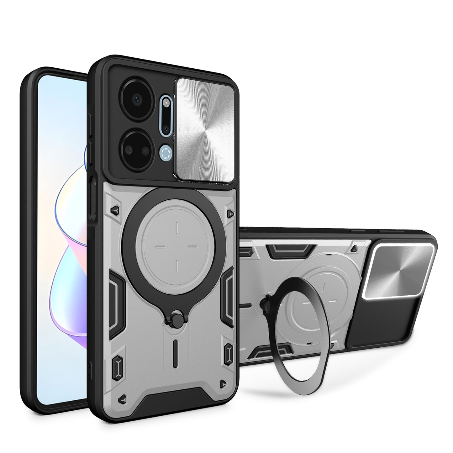 Honor X7a 4G Magnetic Holder CD Texture Sliding Camshield Phone Case, TPU PC Shockproof Cover