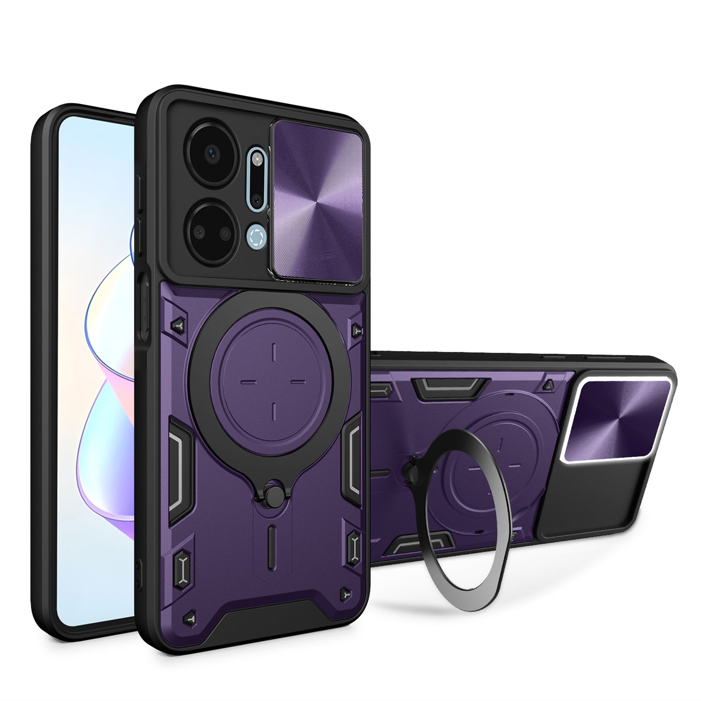 Honor X7a 4G Magnetic Holder CD Texture Sliding Camshield Phone Case, TPU PC Shockproof Cover
