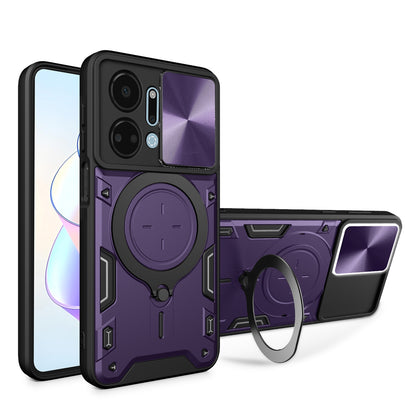 Honor X7a 4G Magnetic Holder CD Texture Sliding Camshield Phone Case, TPU PC Shockproof Cover