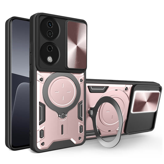 Honor X7b Magnetic Holder CD Texture Sliding Camshield Phone Case, TPU PC Shockproof Cover