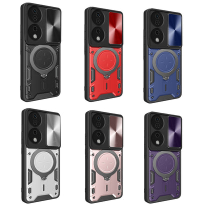Honor X7b Magnetic Holder CD Texture Sliding Camshield Phone Case, TPU PC Shockproof Cover