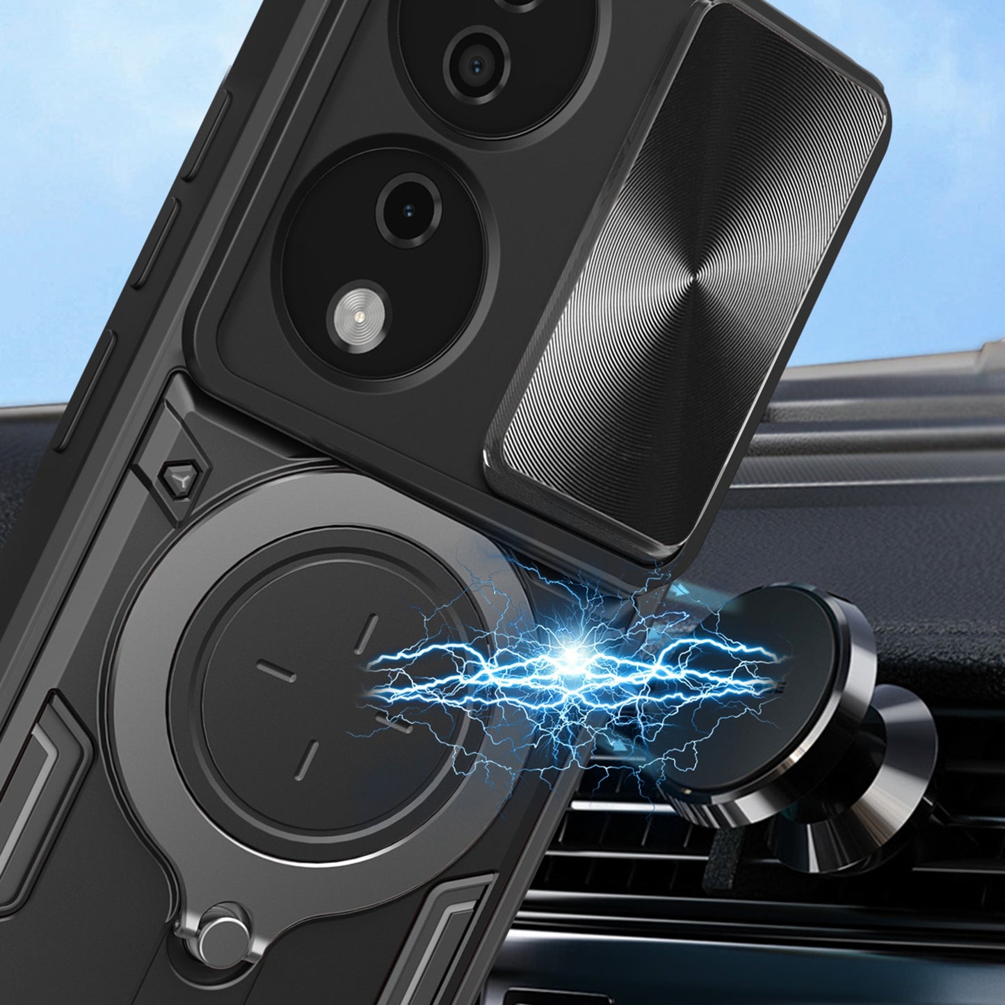 Honor X7b Magnetic Holder CD Texture Sliding Camshield Phone Case, TPU PC Shockproof Cover