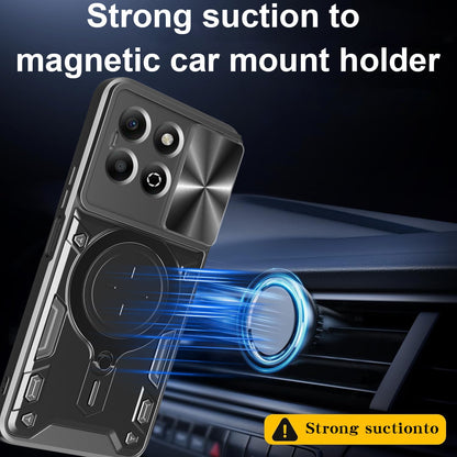 Honor X6b 4G Magnetic Holder CD Texture Sliding Camshield Phone Case, TPU PC Shockproof Cover