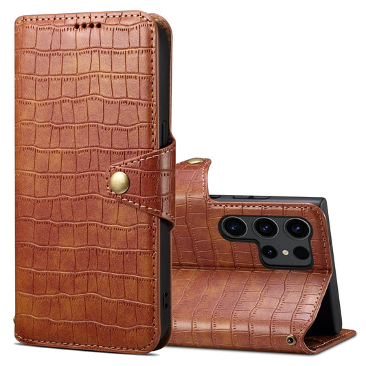 Samsung Galaxy S24 Ultra 5G Denior Crocodile Texture Oil Edge Leather Phone Case with Card Wallet and Kickstand