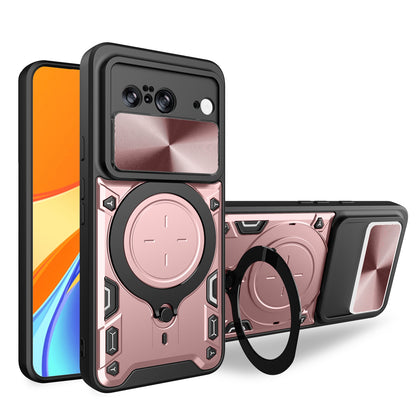Google Pixel 8 5G Magnetic Holder CD Texture Sliding Camshield Phone Case, TPU PC Shockproof Cover
