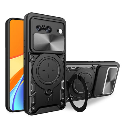 Google Pixel 8 5G Magnetic Holder CD Texture Sliding Camshield Phone Case, TPU PC Shockproof Cover