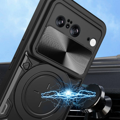 Google Pixel 8 5G Magnetic Holder CD Texture Sliding Camshield Phone Case, TPU PC Shockproof Cover