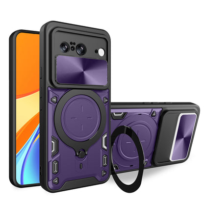 Google Pixel 8 5G Magnetic Holder CD Texture Sliding Camshield Phone Case, TPU PC Shockproof Cover