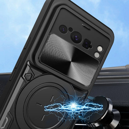 Google Pixel 8 Pro 5G Magnetic Holder CD Texture Sliding Camshield Phone Case, TPU PC Shockproof Cover