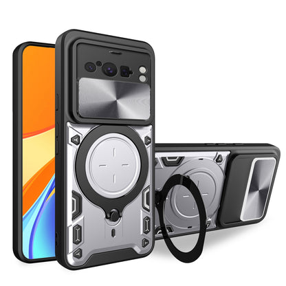 Google Pixel 8 Pro 5G Magnetic Holder CD Texture Sliding Camshield Phone Case, TPU PC Shockproof Cover