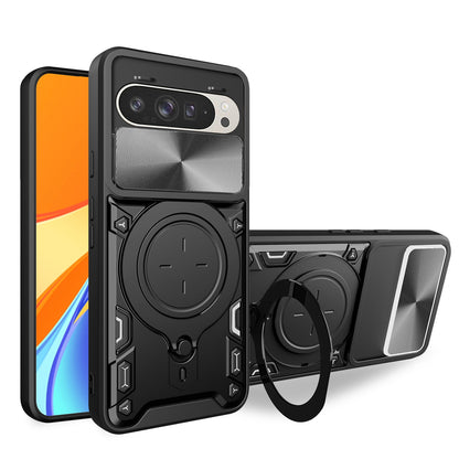 Google Pixel 9 Magnetic Holder CD Texture Sliding Camshield Phone Case, TPU PC Shockproof Cover