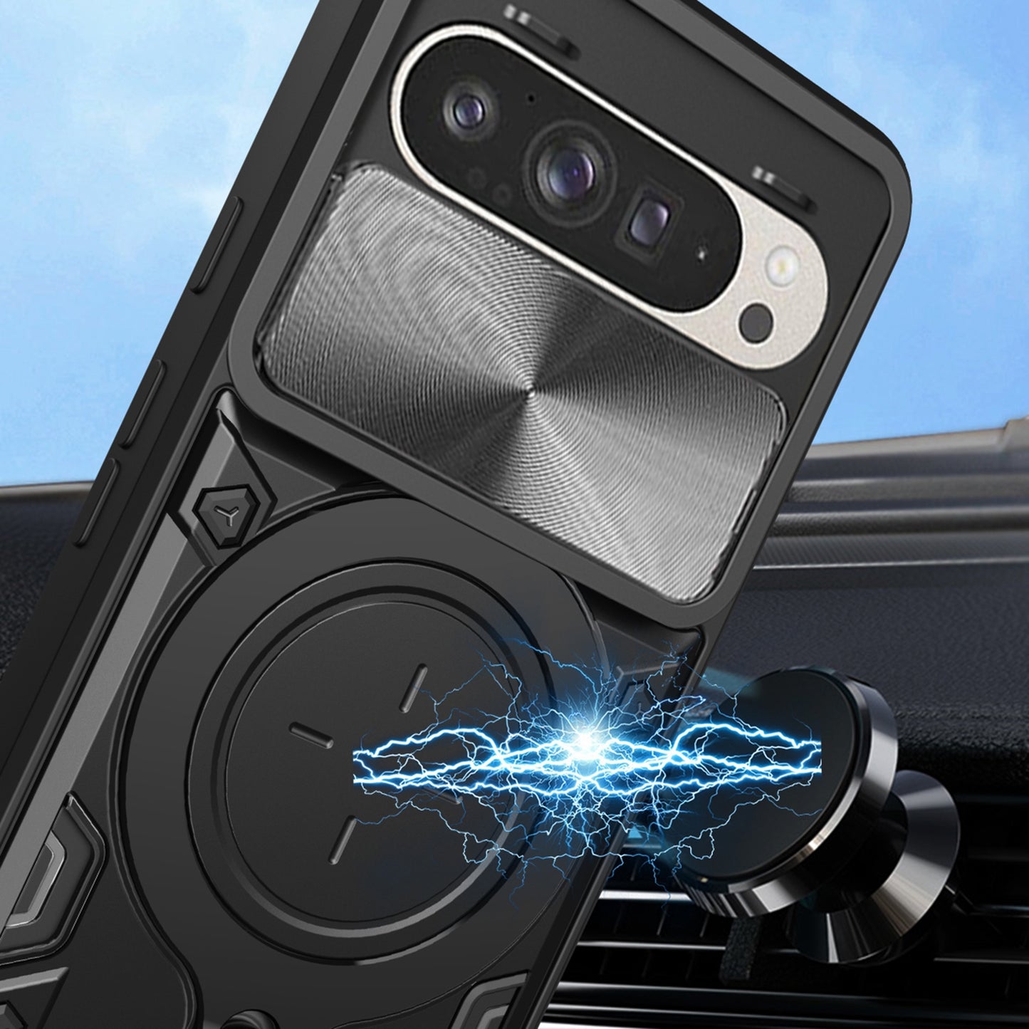 Google Pixel 9 Magnetic Holder CD Texture Sliding Camshield Phone Case, TPU PC Shockproof Cover