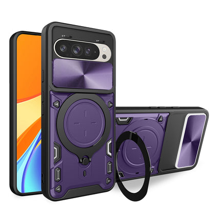 Google Pixel 9 Pro Magnetic Holder CD Texture Sliding Camshield Phone Case, TPU PC Shockproof Cover