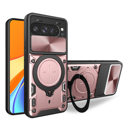 Google Pixel 9 Pro XL Magnetic Holder CD Texture Sliding Camshield Phone Case, TPU PC Shockproof Cover
