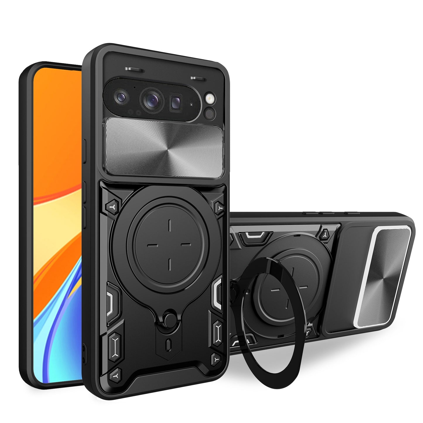 Google Pixel 9 Pro XL Magnetic Holder CD Texture Sliding Camshield Phone Case, TPU PC Shockproof Cover