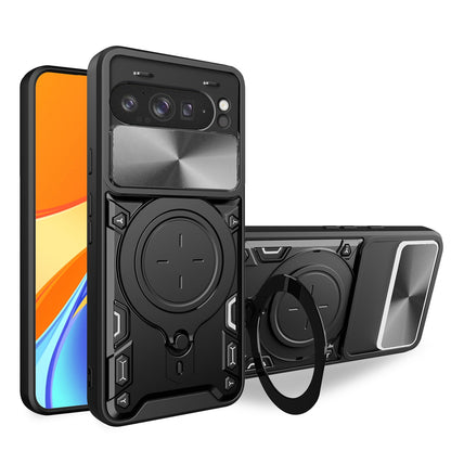 Google Pixel 9 Pro XL Magnetic Holder CD Texture Sliding Camshield Phone Case, TPU PC Shockproof Cover