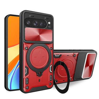 Google Pixel 9 Pro XL Magnetic Holder CD Texture Sliding Camshield Phone Case, TPU PC Shockproof Cover
