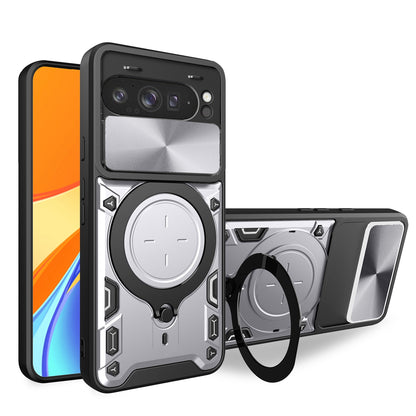 Google Pixel 9 Pro XL Magnetic Holder CD Texture Sliding Camshield Phone Case, TPU PC Shockproof Cover