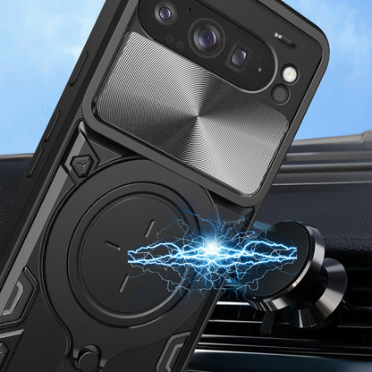 Google Pixel 9 Pro XL Magnetic Holder CD Texture Sliding Camshield Phone Case, TPU PC Shockproof Cover