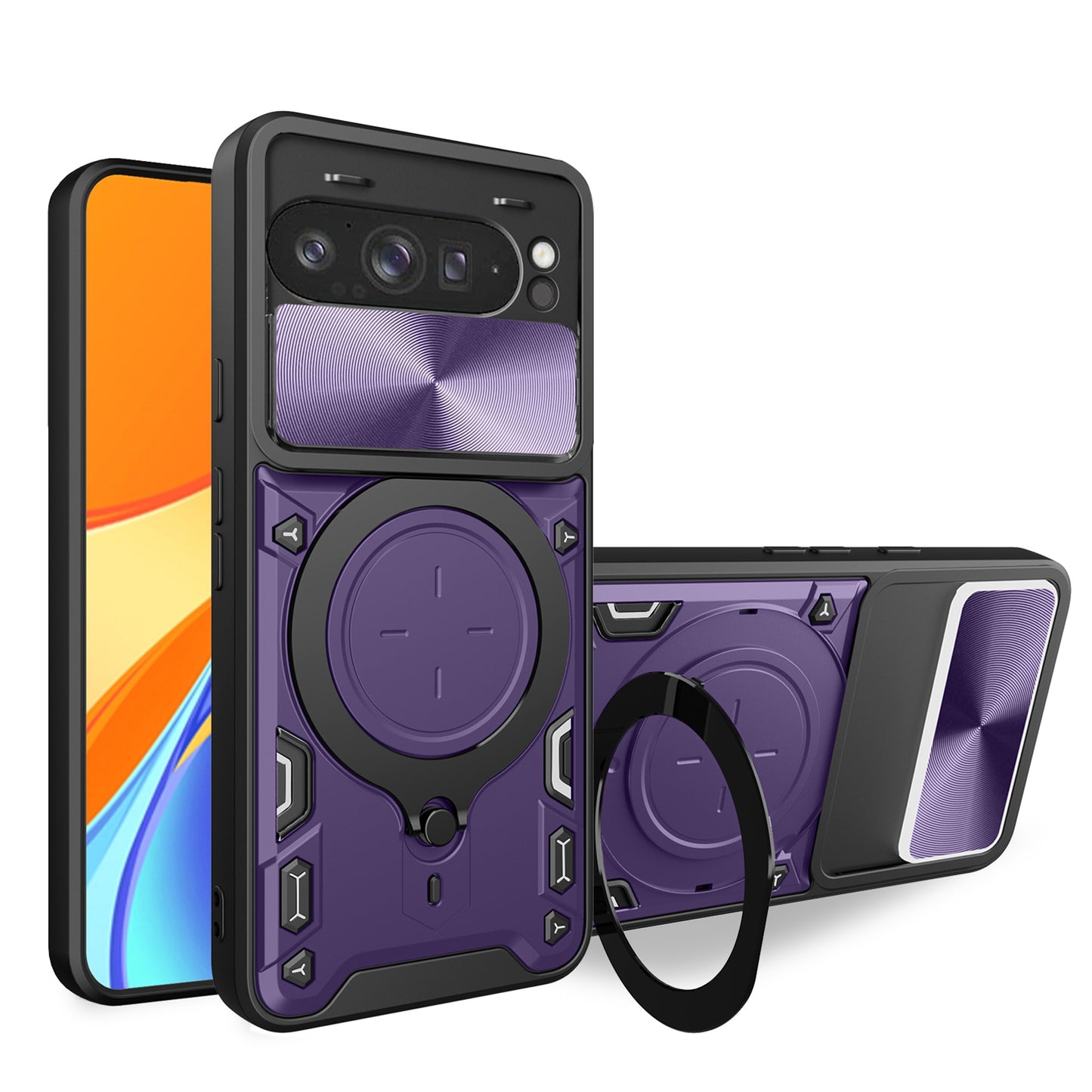 Google Pixel 9 Pro XL Magnetic Holder CD Texture Sliding Camshield Phone Case, TPU PC Shockproof Cover