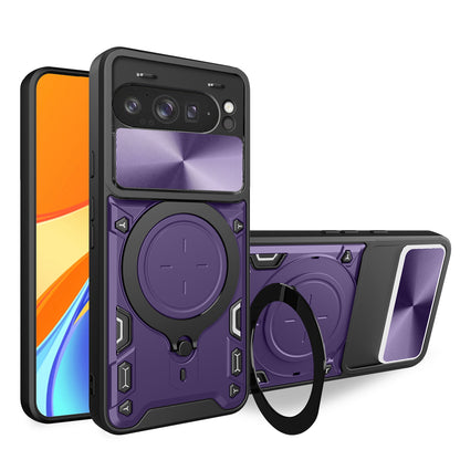 Google Pixel 9 Pro XL Magnetic Holder CD Texture Sliding Camshield Phone Case, TPU PC Shockproof Cover