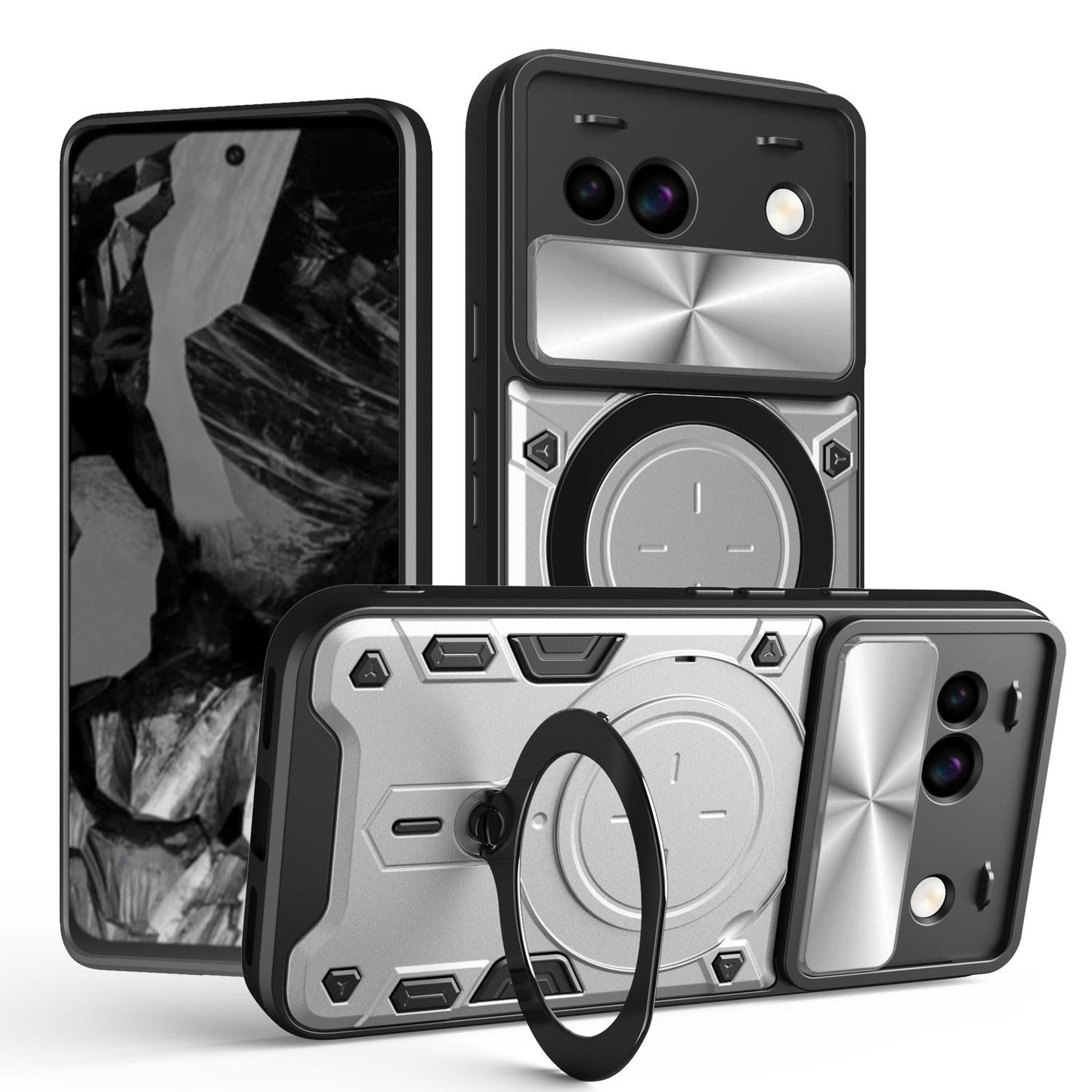 Google Pixel 8a Magnetic Holder CD Texture Sliding Camshield Phone Case, TPU PC Shockproof Cover