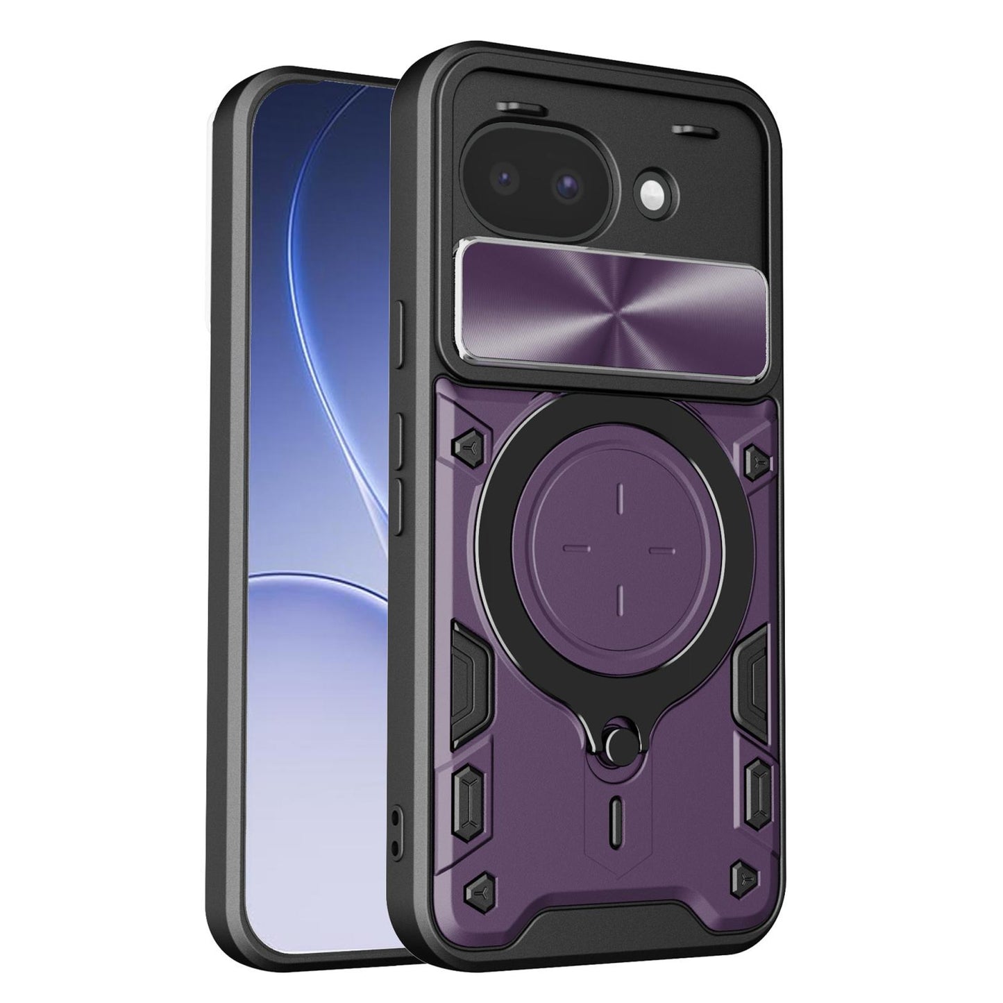 Google Pixel 10a Magnetic Holder CD Texture Sliding Camshield Phone Case, TPU PC Shockproof Cover
