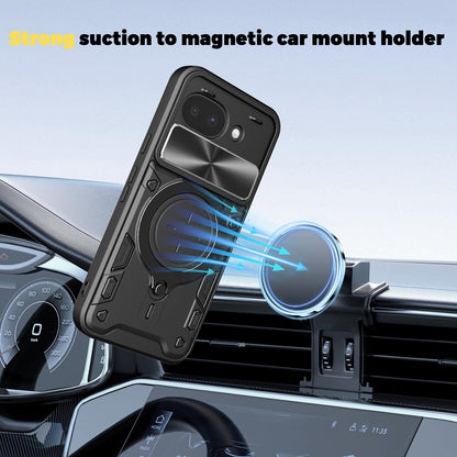 Google Pixel 10a Magnetic Holder CD Texture Sliding Camshield Phone Case, TPU PC Shockproof Cover
