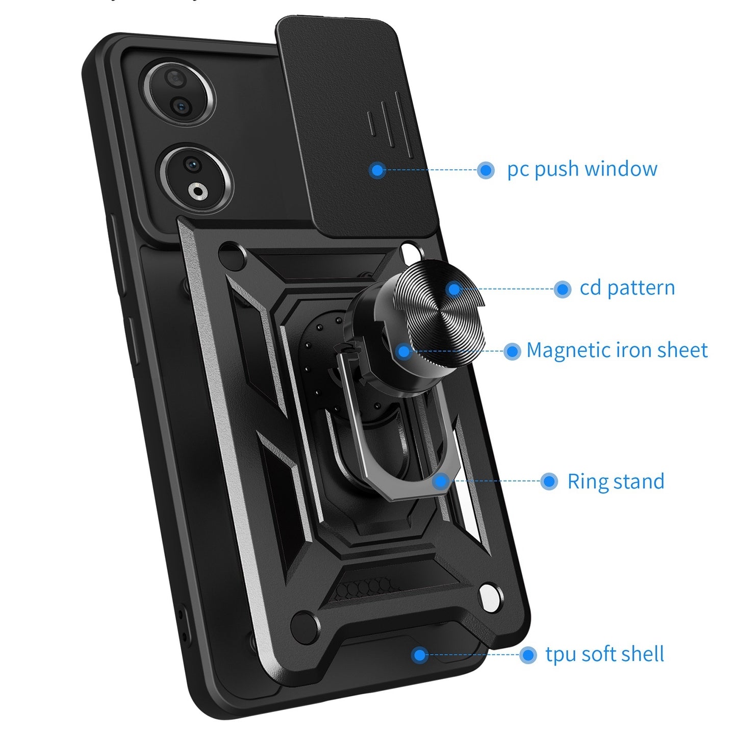 Honor 90 5G Sliding Camera Cover Magnetic Ring Stand Shockproof TPU + PC Protective Phone Case